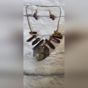 Sterling Silver 925 Natural Titanium Druzy Necklace And Dangling Earrings Set